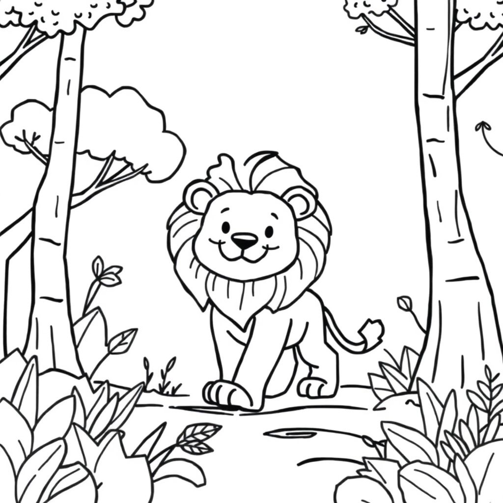Draw a lion walking in a forest