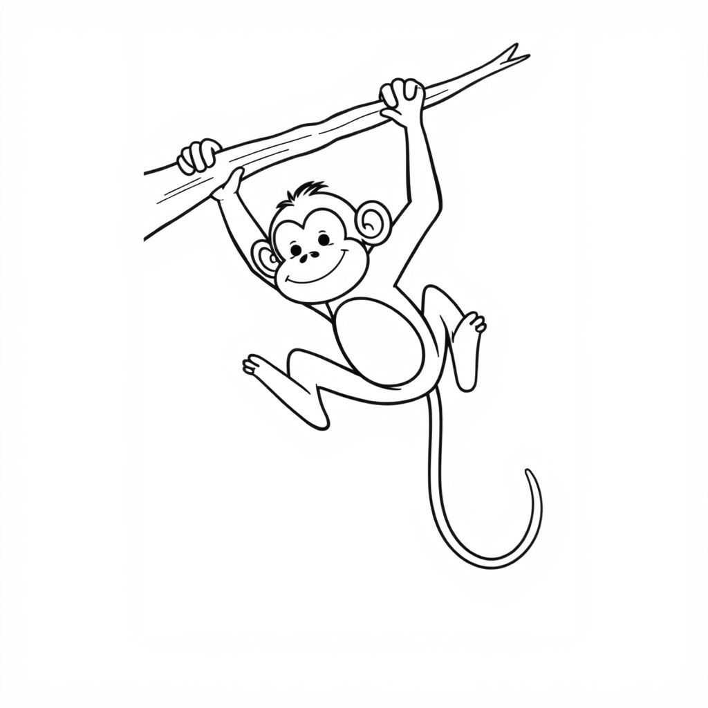 A monkey is squeezing on a tall tree branch looking at the ground