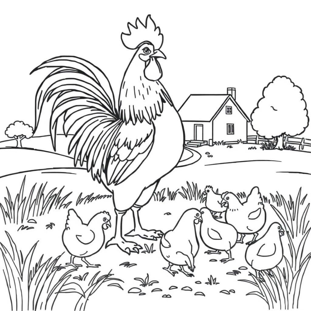A rooster and hens pecking at the ground near a farmhouse. No coloring page, only black and white. Heavy black outlines and minimal details.
