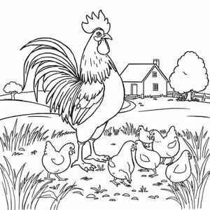 A rooster and hens pecking at the ground near a farmhouse. No coloring page, only black and white. Heavy black outlines and minimal details.
