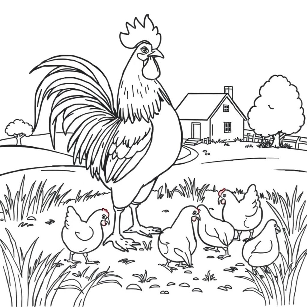 A rooster and hens pecking at the ground near a farmhouse. No coloring page, only black and white. Heavy black outlines and minimal details.