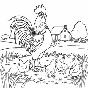 A rooster and hens pecking at the ground near a farmhouse. No coloring page, only black and white. Heavy black outlines and minimal details.
