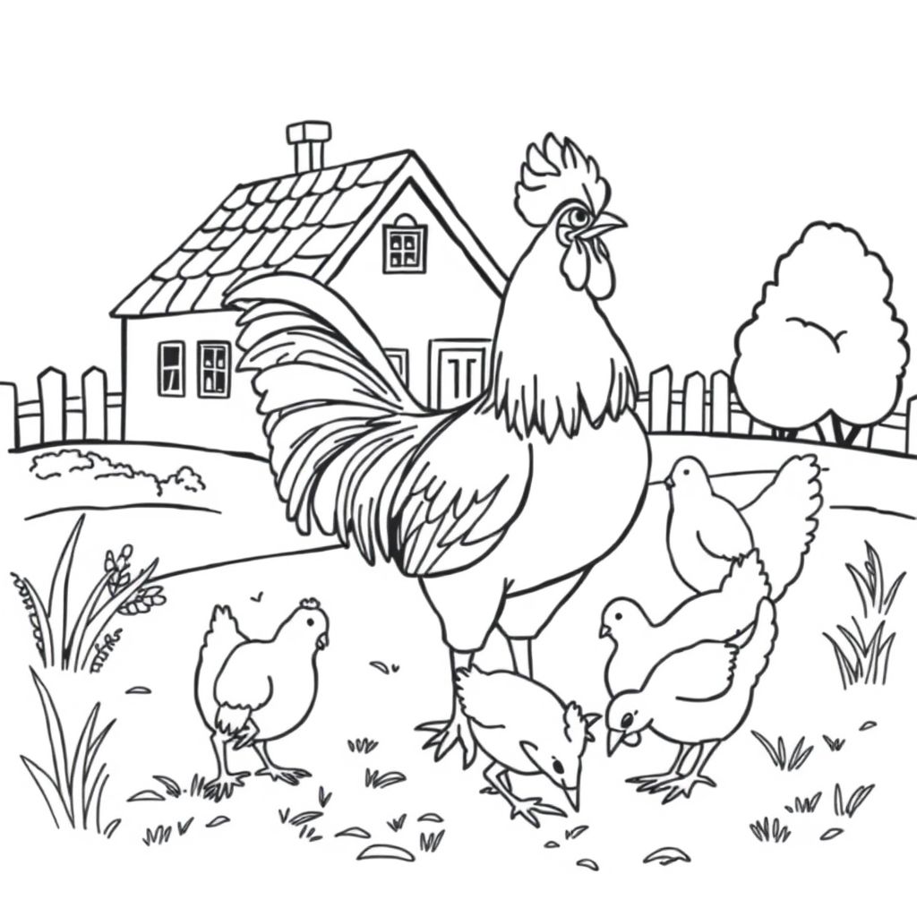A rooster and hens pecking at the ground near a farmhouse. 
