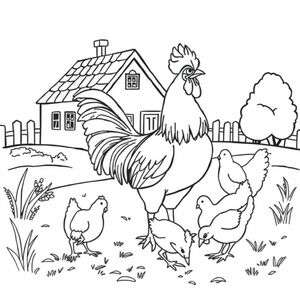 A rooster and hens pecking at the ground near a farmhouse. 
