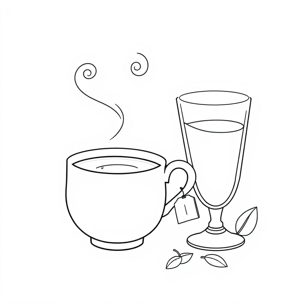 A coloring page about Tea for preschool children could include:

🍵 A warm teacup with steam rising, creating a cozy feeling.

☕ A cup with a handle, filled with hot tea, along with a small tea bag hanging outside the cup.

🌿 A glass of tea with a few tea leaves beside it, helping children recognize the origin of tea.

The image should have bold, clear outlines, making it easy for young children to color and become familiar with the concept of tea.