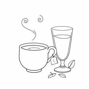 A coloring page about Tea for preschool children could include:

🍵 A warm teacup with steam rising, creating a cozy feeling.

☕ A cup with a handle, filled with hot tea, along with a small tea bag hanging outside the cup.

🌿 A glass of tea with a few tea leaves beside it, helping children recognize the origin of tea.

The image should have bold, clear outlines, making it easy for young children to color and become familiar with the concept of tea.