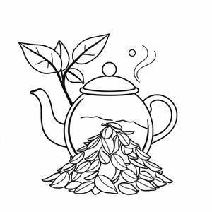 A coloring page about Tea for preschool children could include:

🌿 A few tea leaves with simple, bold outlines, making it easy for children to color.

🍃 A small pile of dried tea leaves, showing the natural form of tea before brewing.

🫖 A traditional teapot with steam rising, representing the warmth of freshly brewed tea.

The image should be clear and simple, helping children recognize tea in its natural form.