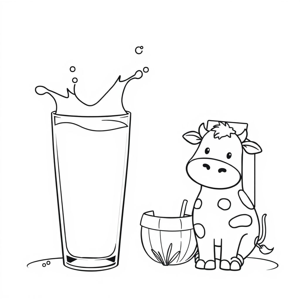 A coloring page about Milk for preschool children could include:

🥛 A simple milk glass filled to the top, with a few drops splashing out playfully.

🍼 A baby bottle with a clear outline, showing milk inside.

🧃 A milk carton with a straw, featuring a simple cow design to help children associate milk with its source.

🐄 A happy cow standing next to a small milk pail, reinforcing the idea that milk comes from cows.

The image should have bold, clear lines, making it easy and fun for young children to color.