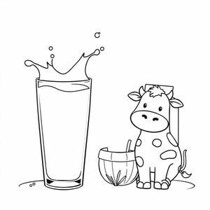 A coloring page about Milk for preschool children could include:

🥛 A simple milk glass filled to the top, with a few drops splashing out playfully.

🍼 A baby bottle with a clear outline, showing milk inside.

🧃 A milk carton with a straw, featuring a simple cow design to help children associate milk with its source.

🐄 A happy cow standing next to a small milk pail, reinforcing the idea that milk comes from cows.

The image should have bold, clear lines, making it easy and fun for young children to color.