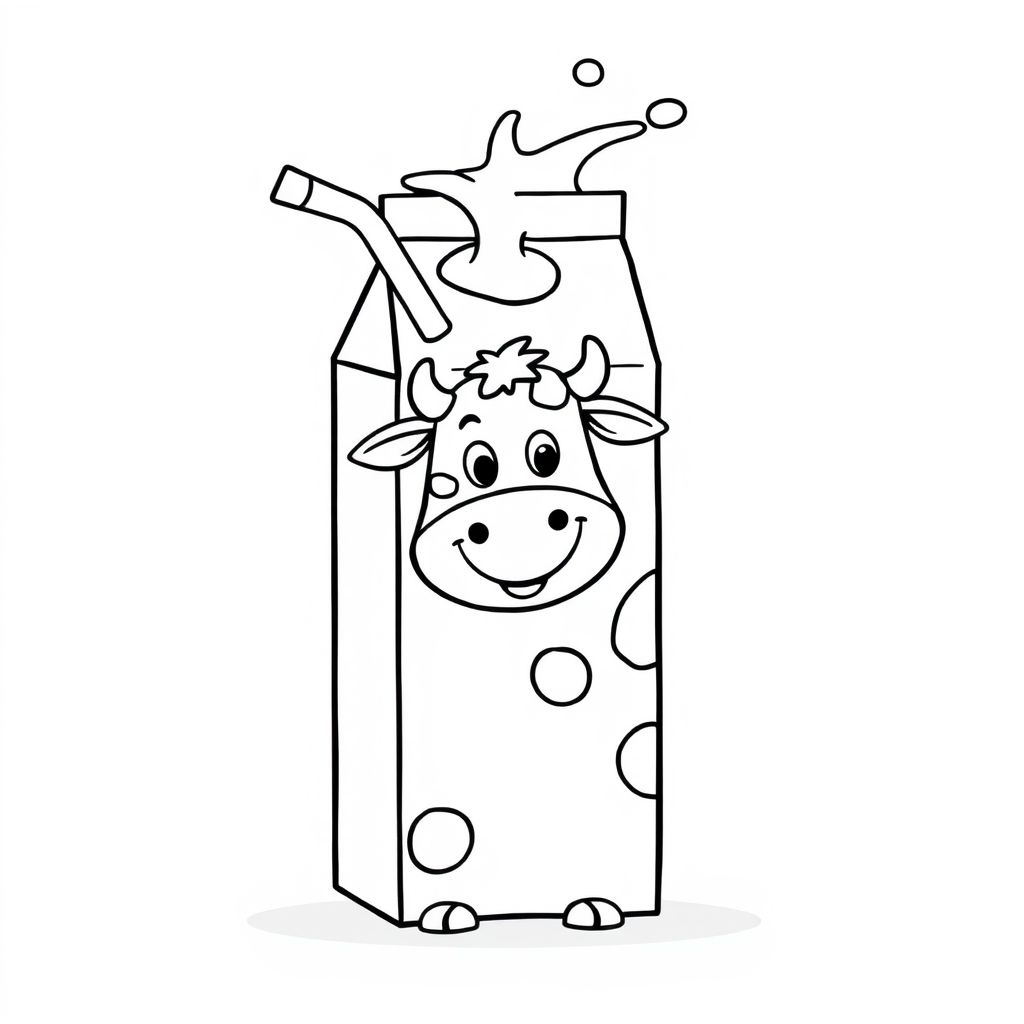 A coloring page of a milk carton for preschool children could include:

🧃 A simple rectangular milk carton with a straw on the side.

🥛 A small milk splash coming out, making it look fun and playful.

🐄 A cute cow illustration on the front of the carton to help children associate milk with cows.

The image should have bold, clear outlines, making it easy for kids to color while recognizing a milk