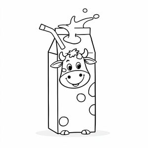 A coloring page of a milk carton for preschool children could include:

🧃 A simple rectangular milk carton with a straw on the side.

🥛 A small milk splash coming out, making it look fun and playful.

🐄 A cute cow illustration on the front of the carton to help children associate milk with cows.

The image should have bold, clear outlines, making it easy for kids to color while recognizing a milk
