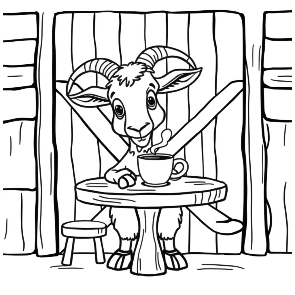 a goat drinking coffee at a table in front of a barn door