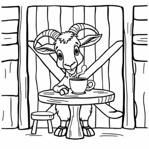 a goat drinking coffee at a table in front of a barn door
