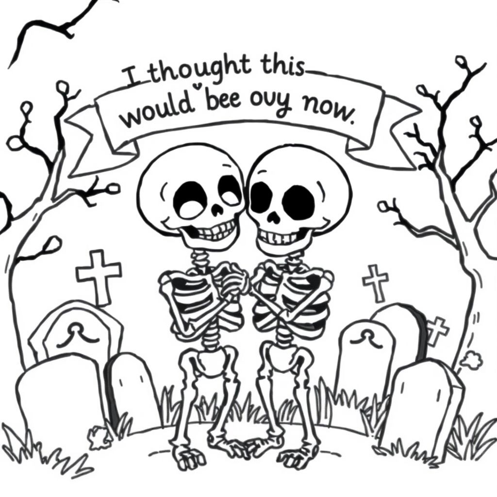 two skeletons in love in a cemetery with a banner that reads" i thought this would be over by now"