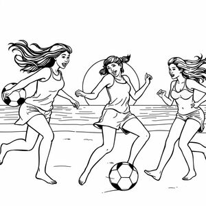 women playing on beach soccer with sunset
