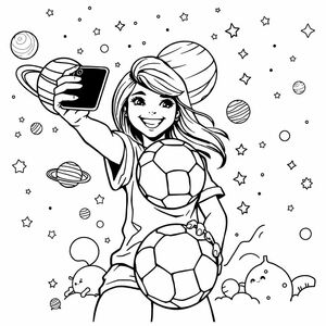 woman selfie soccer in space planets

