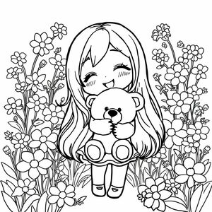upperbody shot, 1girl,solo,chibi,long hairs, happy, laugh, hugging a teddy bear, looking at viewers, dancing stand, cute, soft color, flowers in background, many flowers, among flowers, best quality, highres, delicate details,