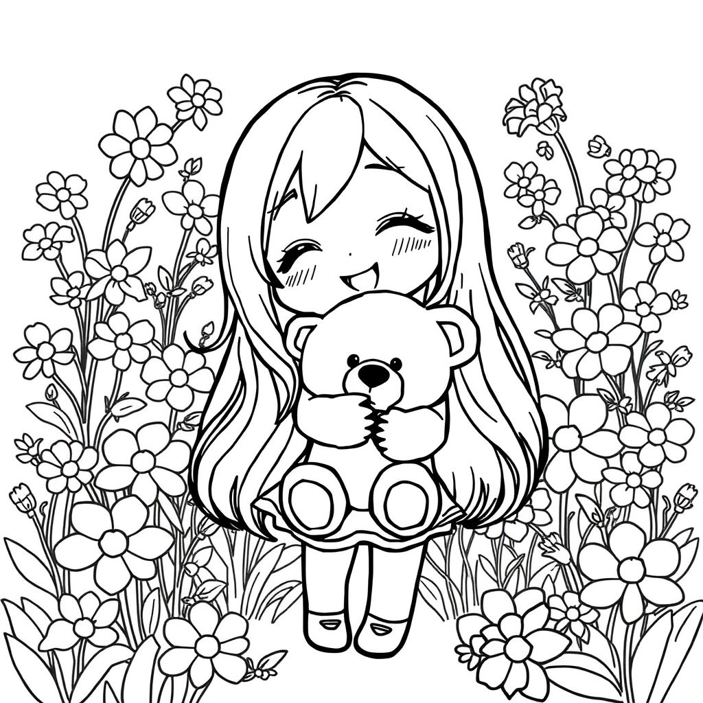 upperbody shot, 1girl,solo,chibi,long hairs, happy, laugh, hugging a teddy bear, looking at viewers, dancing stand, cute, soft color, flowers in background, many flowers, among flowers, best quality, highres, delicate details,