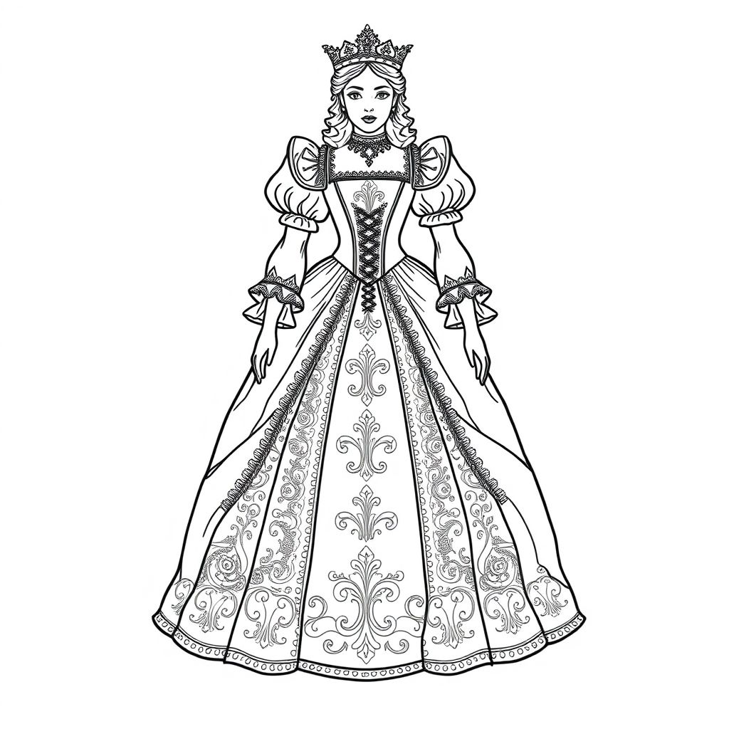 The dresses of queens and nobles have a combination of rococo and tudor styles
