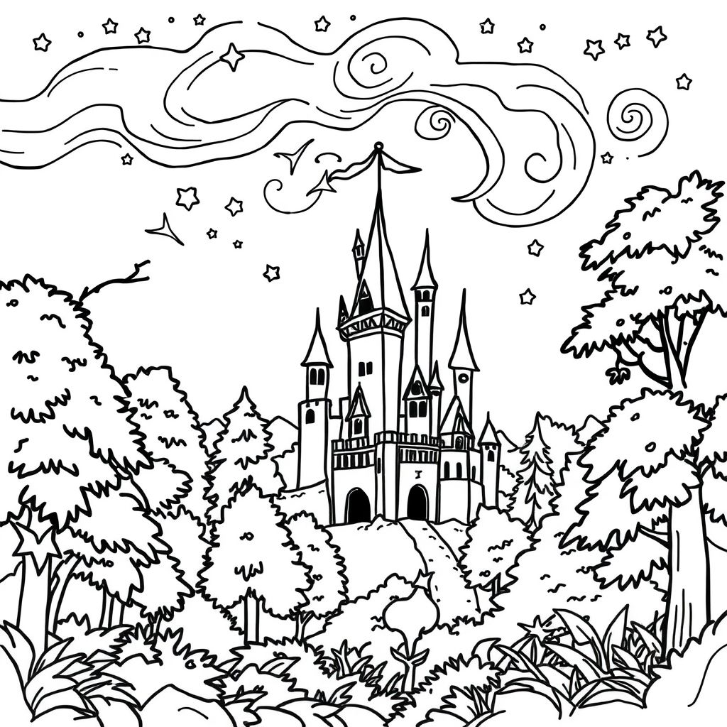 Castle, forest, mysterious sky, fantasy with many details