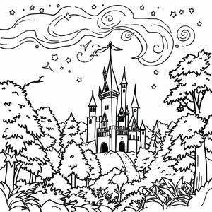 Castle, forest, mysterious sky, fantasy with many details