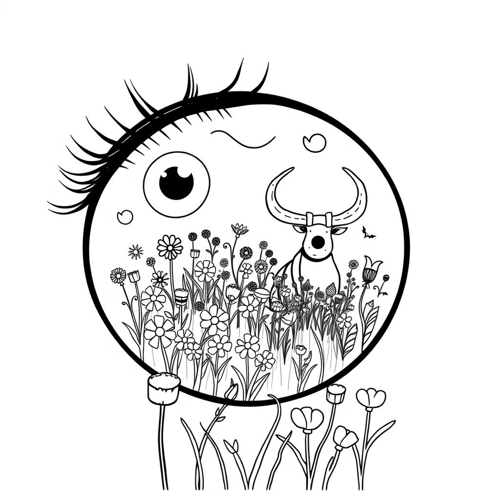 1 big round eye, 2 rows of thick eyelashes, big eyelashes. In the pupil is a whole field with many wild flowers growing in a strange way, many mysteries with strange small creatures and a beast with big horns 