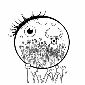 1 big round eye, 2 rows of thick eyelashes, big eyelashes. In the pupil is a whole field with many wild flowers growing in a strange way, many mysteries with strange small creatures and a beast with big horns 