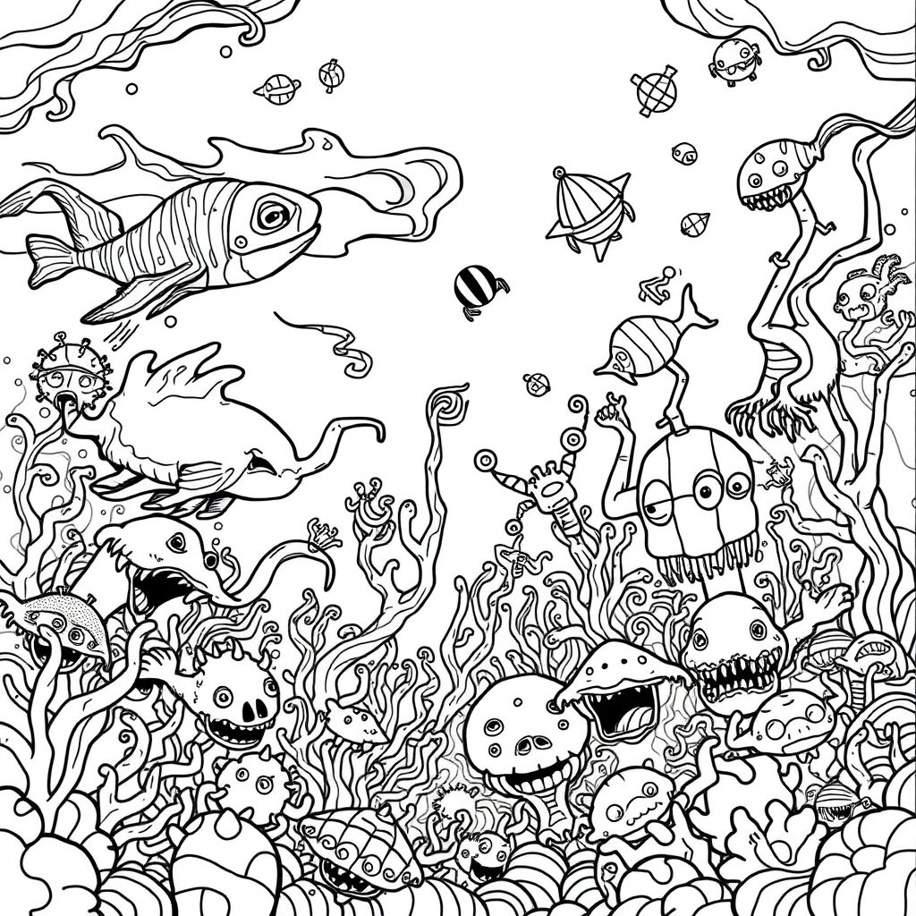 Deep sea, mysterious fantasy danger with many strange creatures