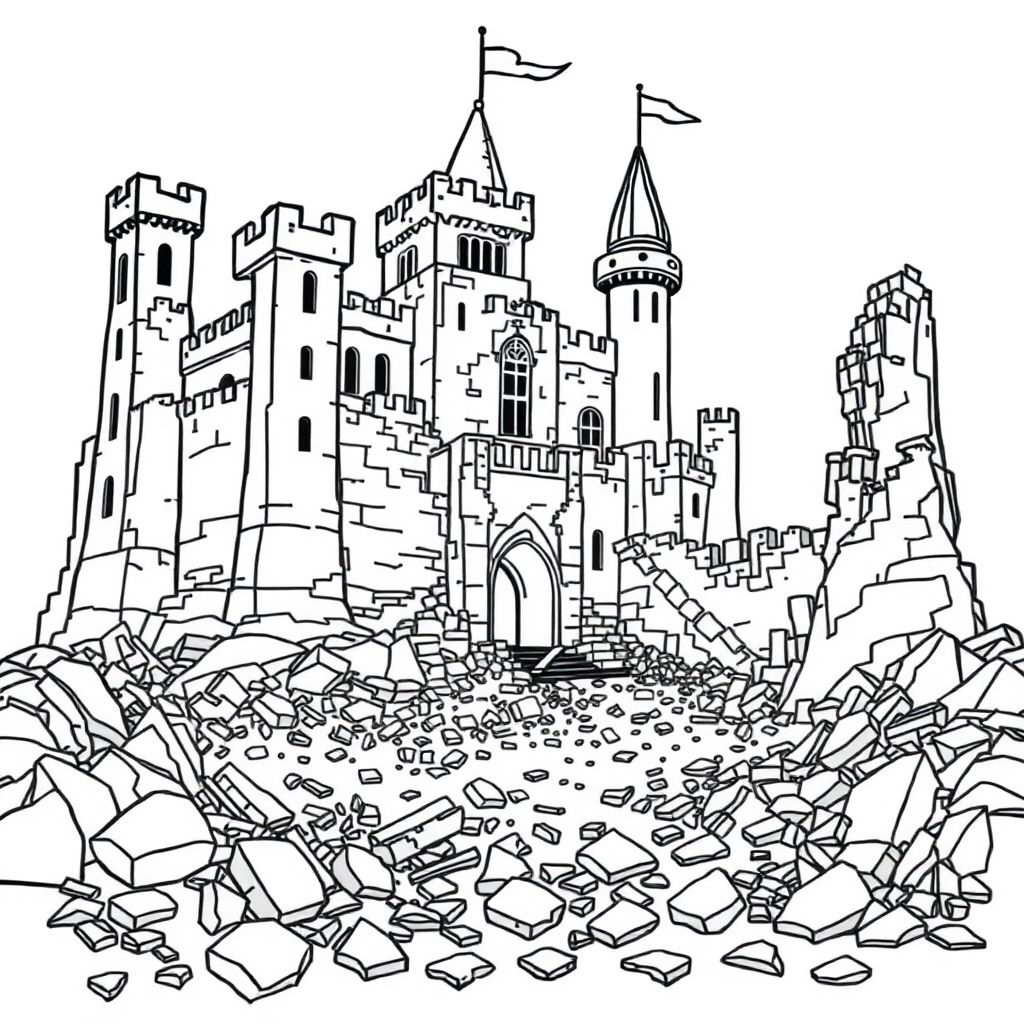 The huge and majestic castle collapsed, ruins everywhere
