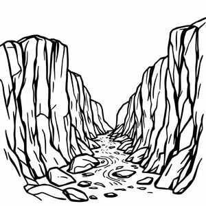 On 2 sides are craggy cliffs In the middle is a gurgling stream Many mysterious and fantastical details