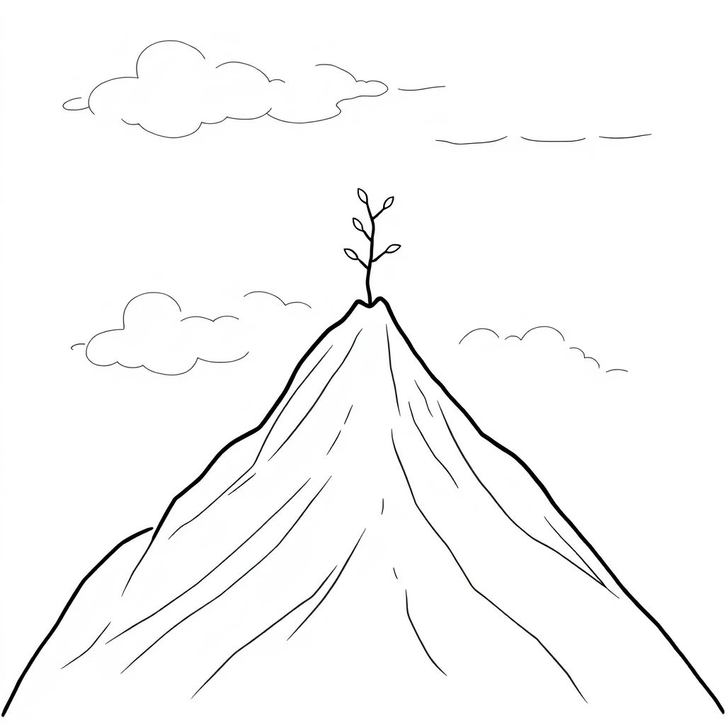 Craggy mountain peak
Cloudy foggy sky
1 tiny slender all-leaf tree right at the top 
