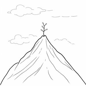Craggy mountain peak
Cloudy foggy sky
1 tiny slender all-leaf tree right at the top 