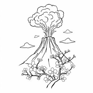 The volcano erupted violently, above is a cherry blossom tree in bloom, with huge flowers spreading out