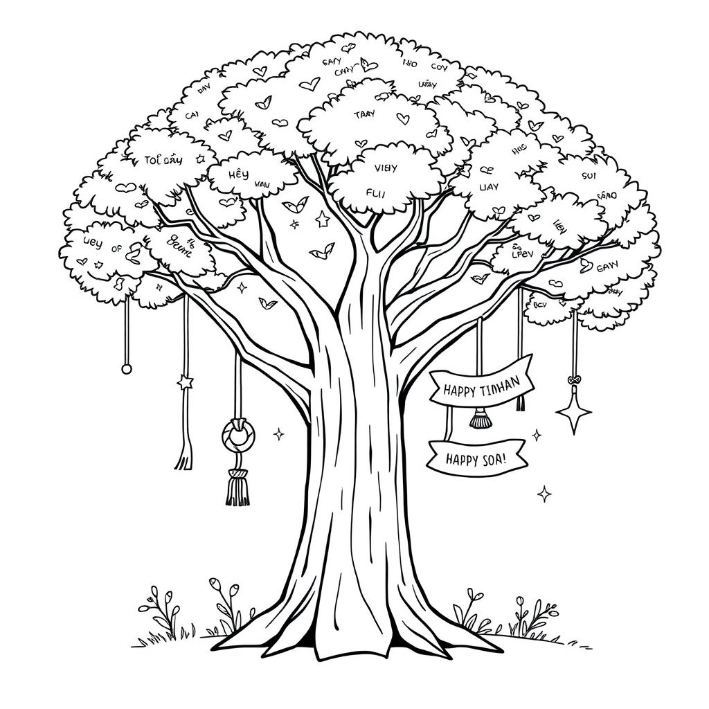 1 large, wide-stemmed tree with leaves hanging ribbons, wishes, decorations all over the tree
Many virtual mysteries with many details 
Merry