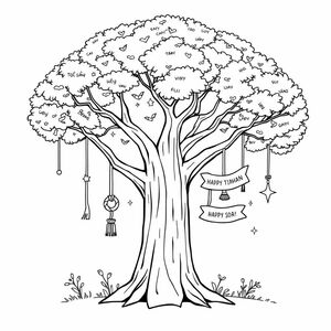 1 large, wide-stemmed tree with leaves hanging ribbons, wishes, decorations all over the tree
Many virtual mysteries with many details 
Merry