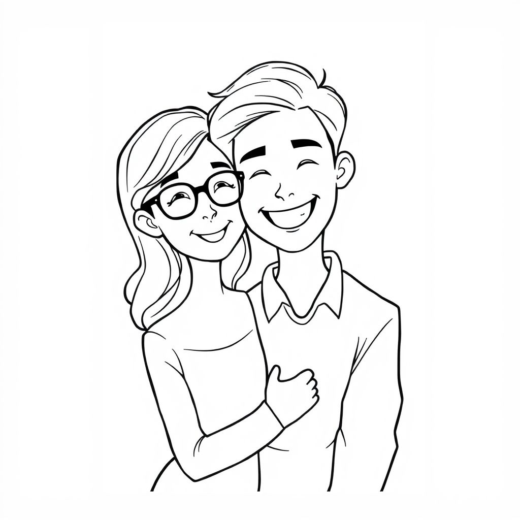 a couple of lovers girl with long hair wearing glasses, a slightly curly man with slightly curly hair with crooked teeth