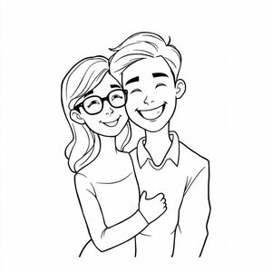 a couple of lovers girl with long hair wearing glasses, a slightly curly man with slightly curly hair with crooked teeth