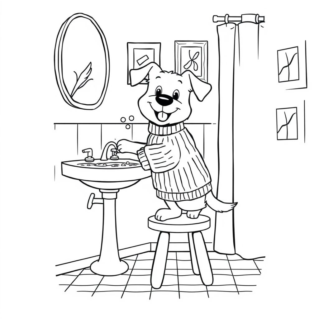 Create a black and white bold line illustration of a whimsical dog standing on a stool at a bathroom sink, engaging in the act of washing its paws. The dog, with a playful expression, is wearing a cozy sweater, which adds a charming touch to its playful demeanor.

The bathroom has walls, sink and checkered floor. Various items are visible in the background, including a shower curtain and decorative frames on the wall, enhancing the cozy, homey ambiance. Bubbles and water are playfully splashing from the sink, emphasizing the fun nature of the scene.

The outlines should be clean and clear, with no colors or shading, focusing on the shapes and contours of the elements.