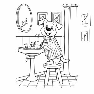 Create a black and white bold line illustration of a whimsical dog standing on a stool at a bathroom sink, engaging in the act of washing its paws. The dog, with a playful expression, is wearing a cozy sweater, which adds a charming touch to its playful demeanor.

The bathroom has walls, sink and checkered floor. Various items are visible in the background, including a shower curtain and decorative frames on the wall, enhancing the cozy, homey ambiance. Bubbles and water are playfully splashing from the sink, emphasizing the fun nature of the scene.

The outlines should be clean and clear, with no colors or shading, focusing on the shapes and contours of the elements.