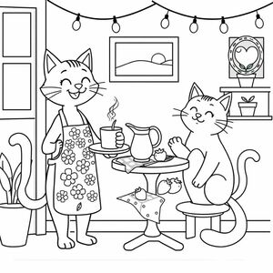  The black and white coloring book page illustration features a cartoonish two anthropomorphic cats in a cozy interior setting. On the left, a cat with a cheerful expression stands upright, carrying a tray with a cup of steaming coffee or tea and a spoon. The cat is wearing a floral apron with flowers. On the right, a cat sits at a small circular table with a knowing look, resting its paw on the table. The table is set with a checkered napkin, a slice of cake with a fork, and a pitcher with a similar pink floral design as the apron. Two strawberries are placed next to the pitcher. In the background, the wall is decorated with various framed items: a landscape picture, a heart, and a round frame. A potted plant sits on a shelf, and string lights hang from the ceiling.