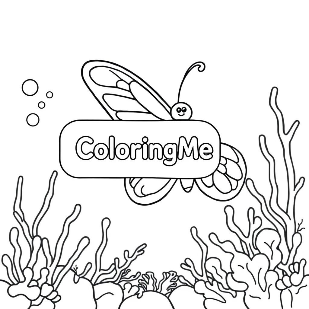A profile view of a friendly butterfly, holding a sign with "ColoringMe" written in white bubble letters, in profile, in a underwater coral reef kingdom, surrealist style