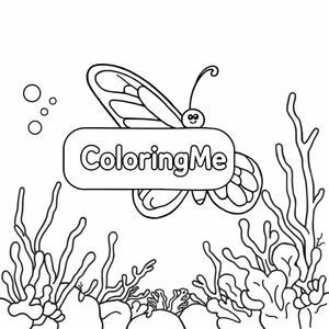 A profile view of a friendly butterfly, holding a sign with "ColoringMe" written in white bubble letters, in profile, in a underwater coral reef kingdom, surrealist style
