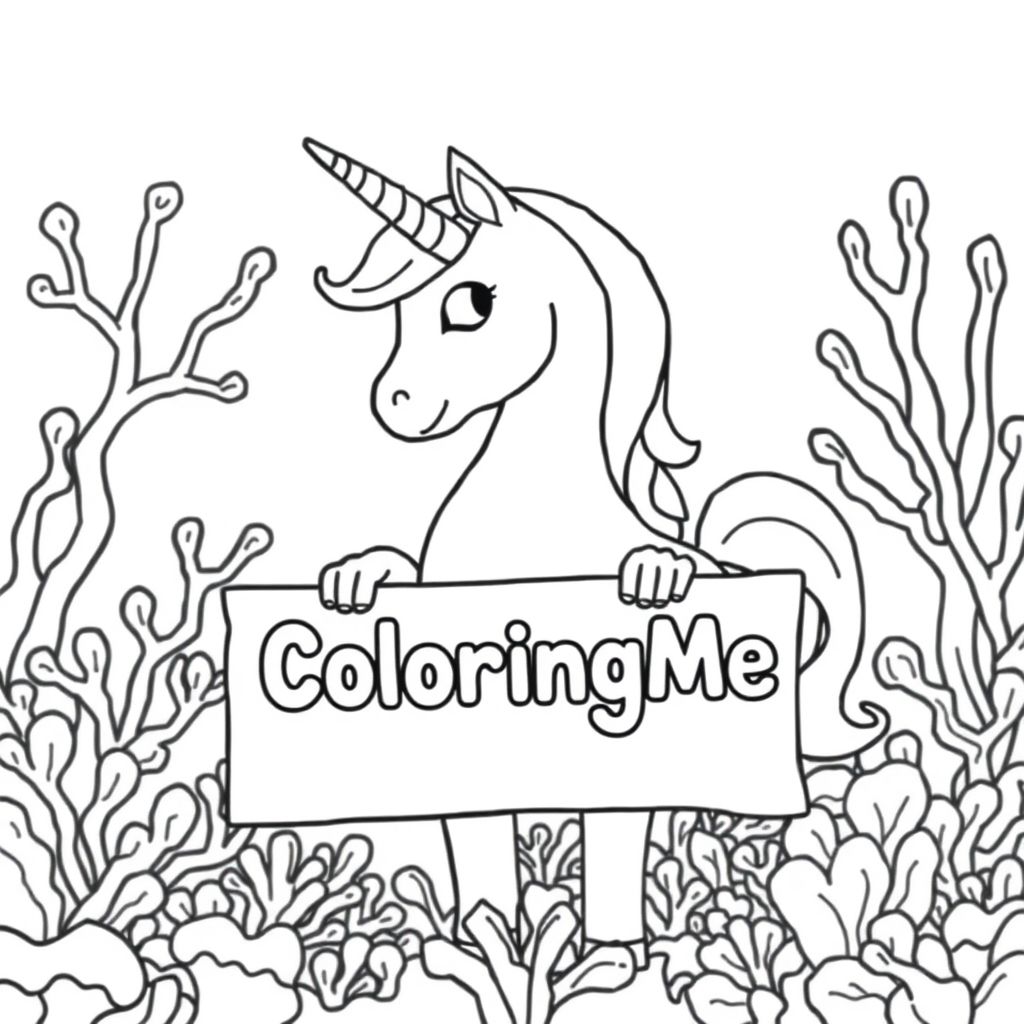 A profile view of a friendly unicorn names Angel, holding a sign with "ColoringMe" written in white bubble letters, in profile, in a underwater coral reef kingdom, surrealist style