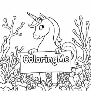 A profile view of a friendly unicorn names Angel, holding a sign with "ColoringMe" written in white bubble letters, in profile, in a underwater coral reef kingdom, surrealist style