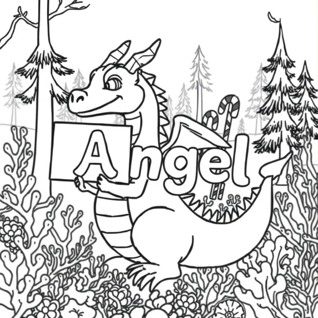 A profile view of a friendly dragon, holding a sign with "Angel" written in white bubble letters, in profile, in a underwater coral reef kingdom, surrealist style.  with a forest in back with large candy canes within the picture
