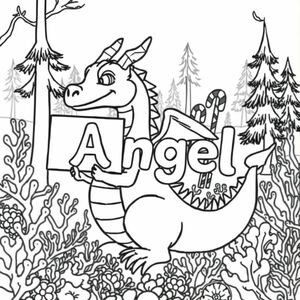 A profile view of a friendly dragon, holding a sign with "Angel" written in white bubble letters, in profile, in a underwater coral reef kingdom, surrealist style.  with a forest in back with large candy canes within the picture