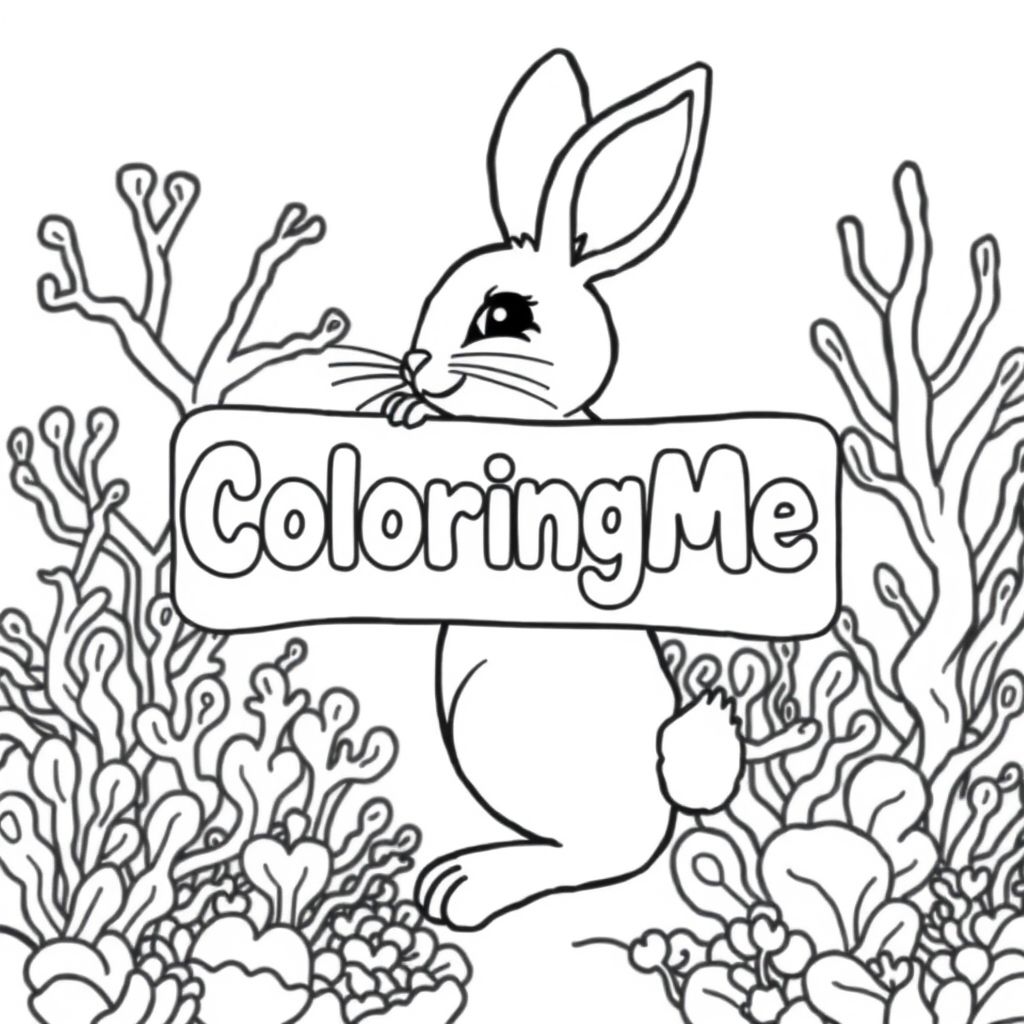 Ảnh chụp một chú thỏ thân thiện, cầm tấm biển có dòng chữ "ColoringMe" được viết bằng chữ bong bóng màu trắng, trong hồ sơ, trong vương quốc rạn san hô dưới nước, phong cách siêu thực