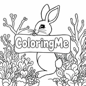 Ảnh chụp một chú thỏ thân thiện, cầm tấm biển có dòng chữ "ColoringMe" được viết bằng chữ bong bóng màu trắng, trong hồ sơ, trong vương quốc rạn san hô dưới nước, phong cách siêu thực