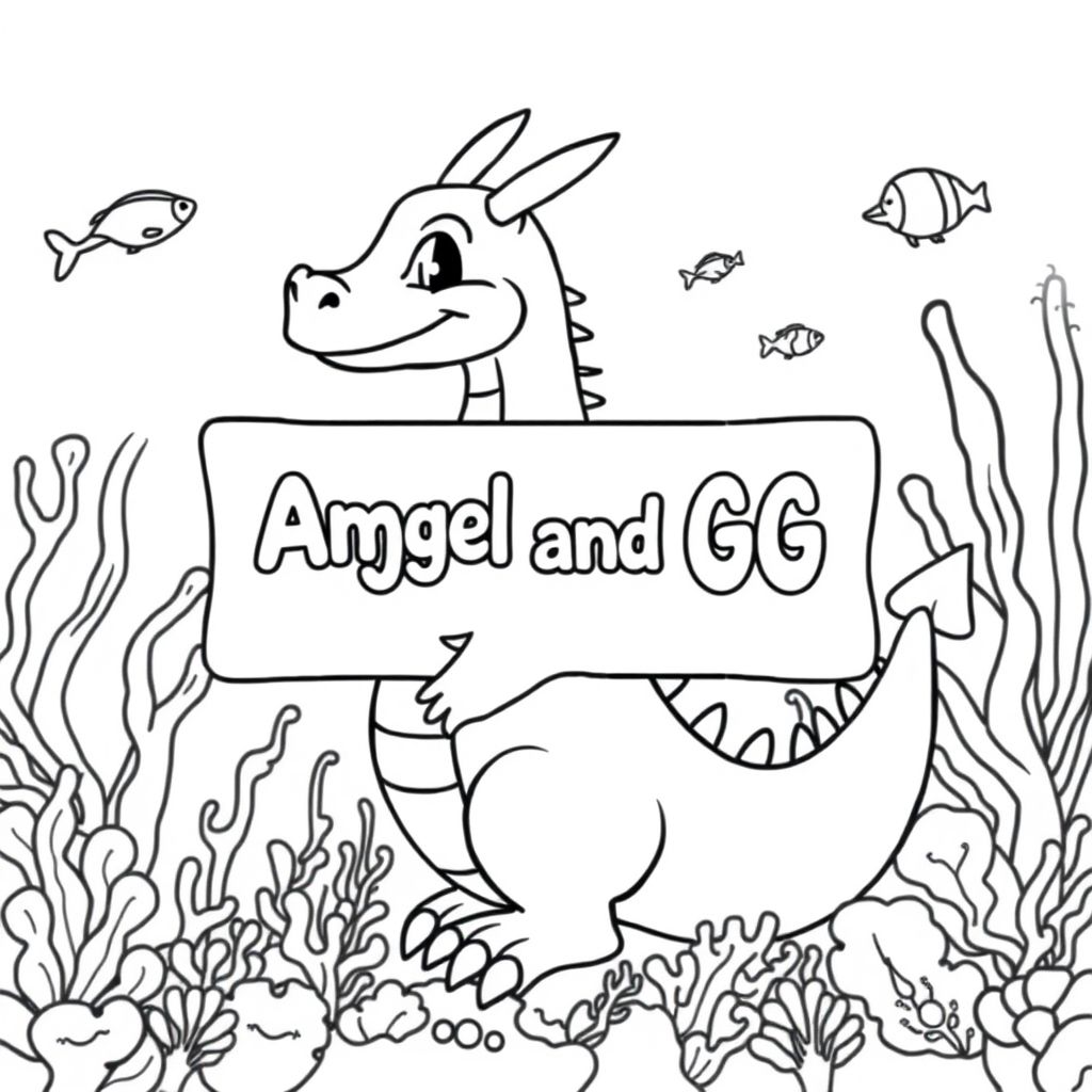 A profile view of a friendly dragon, holding a sign with "Angel and GG" written in white bubble letters, in profile, in a underwater coral reef kingdom, surrealist style.  make a background that a 6 year old could color
