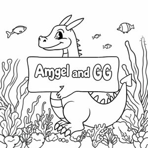 A profile view of a friendly dragon, holding a sign with "Angel and GG" written in white bubble letters, in profile, in a underwater coral reef kingdom, surrealist style.  make a background that a 6 year old could color
